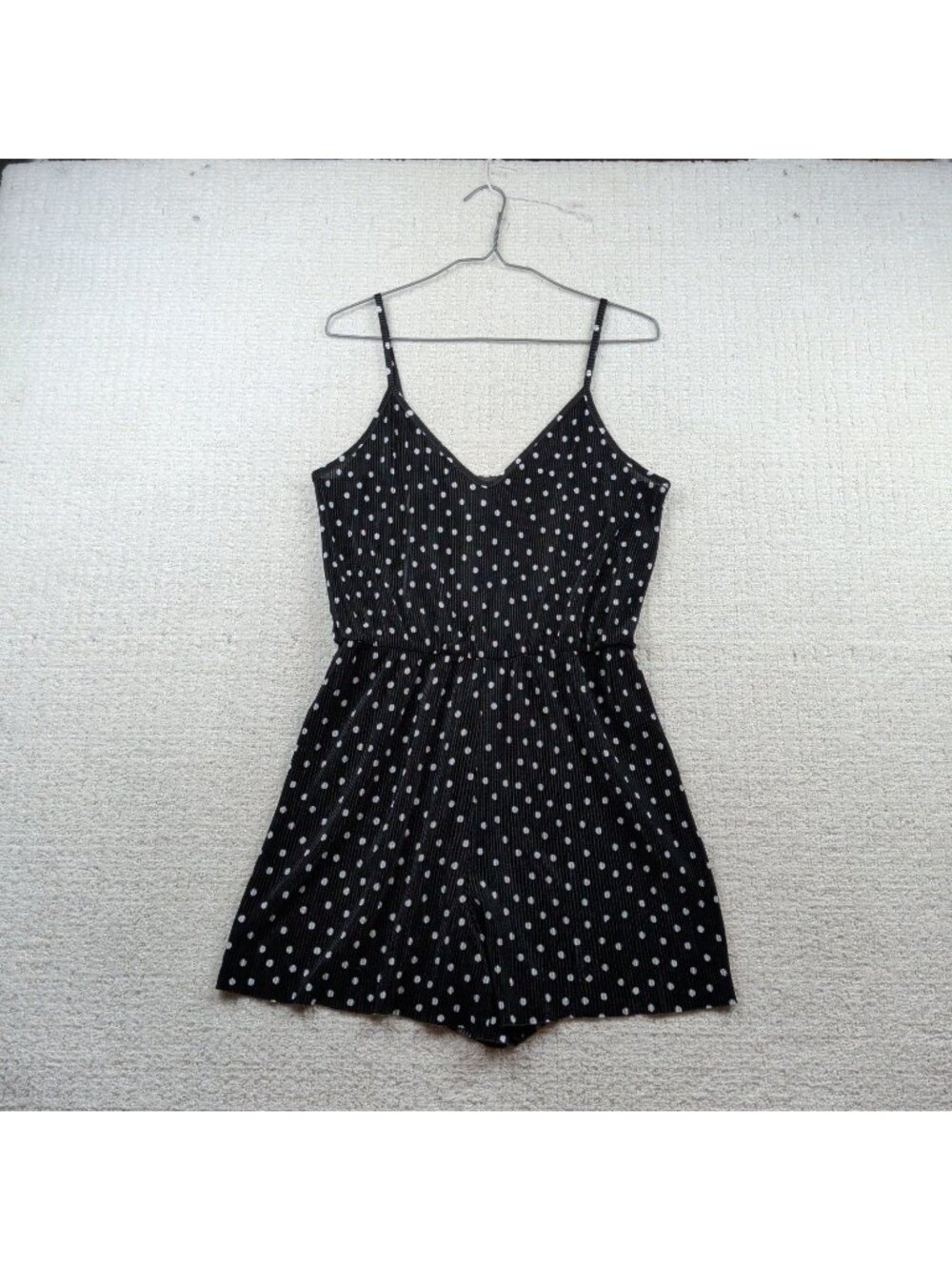 Up All Night Black Polka Dot Romper Cami Micro Pleated Preppy Summer Size L